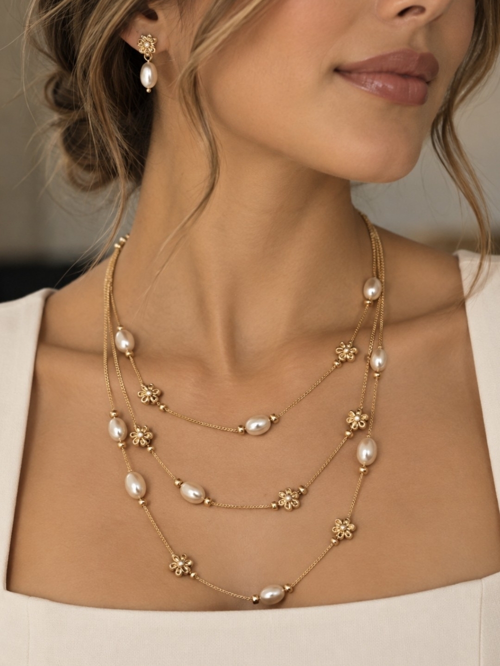 Goldtone Faux Pearl Multi-Layer Necklace Set with Floral Accents